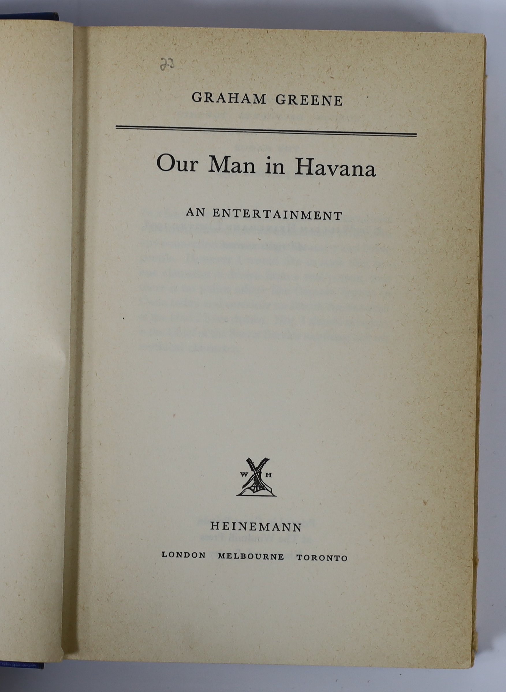 Greene, Grahame - Our Man in Havana, 1st edition, 8vo, original blue cloth, with d/j, Heinemann, London, 1958